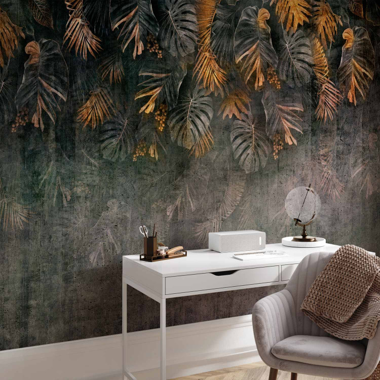 Wall Mural Gilded nature - landscape with tropical leaves on a non-uniform background 143443 additionalImage 4
