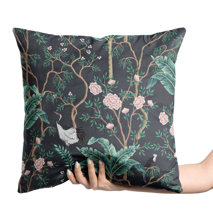 Decorative Velor Pillow Bird in the bushes - palm trees with pink flowers on a dark background 147243 additionalImage 2