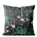 Decorative Velor Pillow Bird in the bushes - palm trees with pink flowers on a dark background 147243