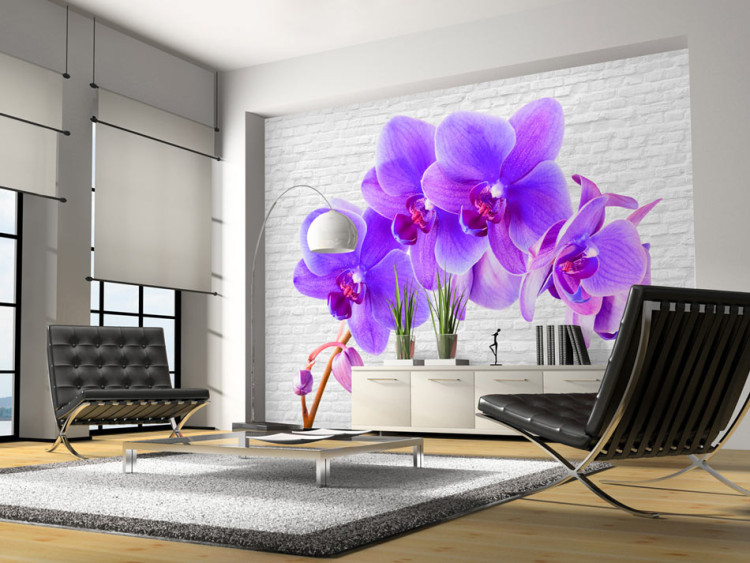 Wall Mural Purple Excitement - Orchid Flower Motif on a White Brick Background 60243