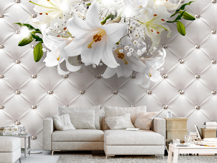 Wall Mural Sparkle of diamonds - flower motif on a quilted leather pattern background 97943