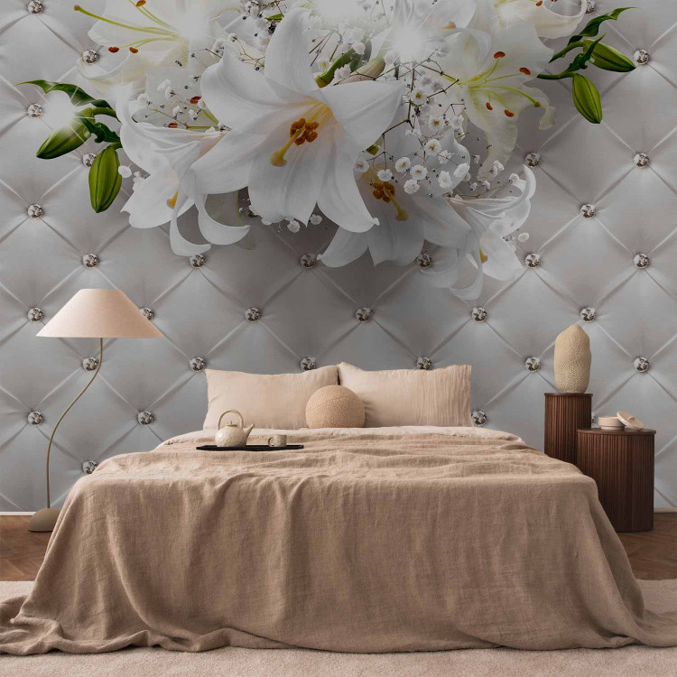 Wall Mural Sparkle of diamonds - flower motif on a quilted leather pattern background 97943 additionalImage 2