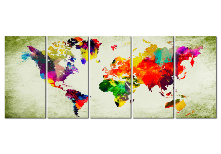 Canvas Colorful Continents (5-piece) - Designer World Map in Green 105053