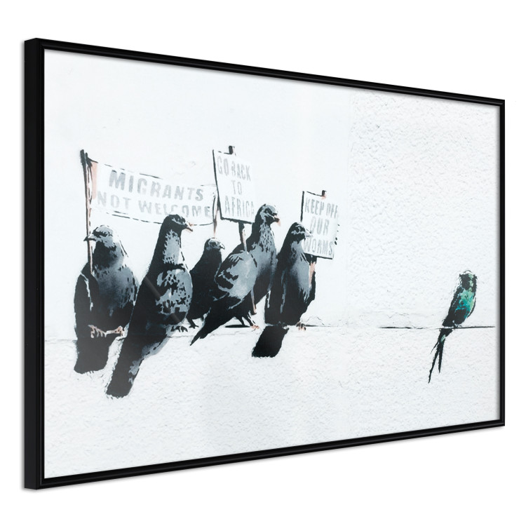 Poster Xenophobic Pigeons - black birds holding signs with slogans 132453 additionalImage 9