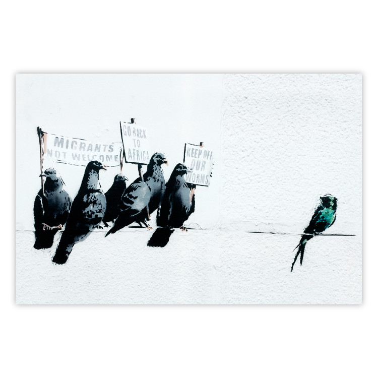 Poster Xenophobic Pigeons - black birds holding signs with slogans 132453