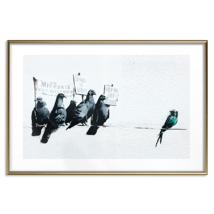 Poster Xenophobic Pigeons - black birds holding signs with slogans 132453 additionalImage 14