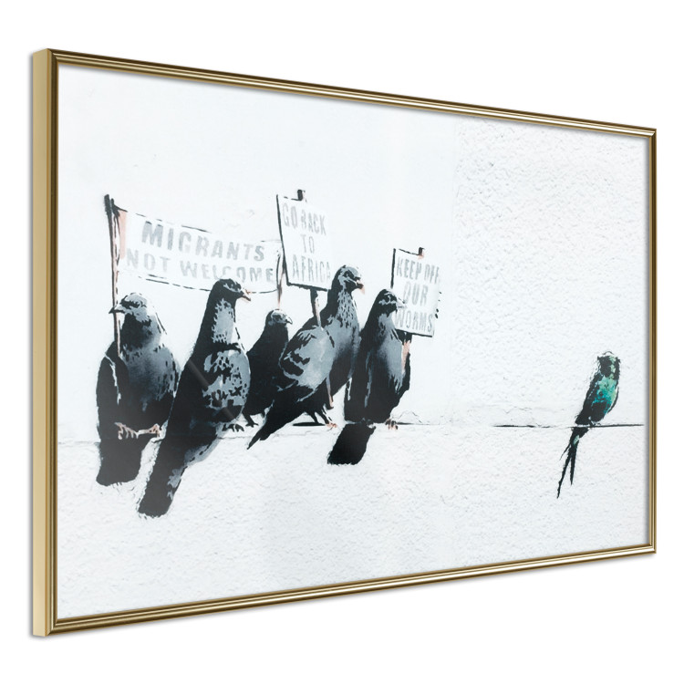Poster Xenophobic Pigeons - black birds holding signs with slogans 132453 additionalImage 11