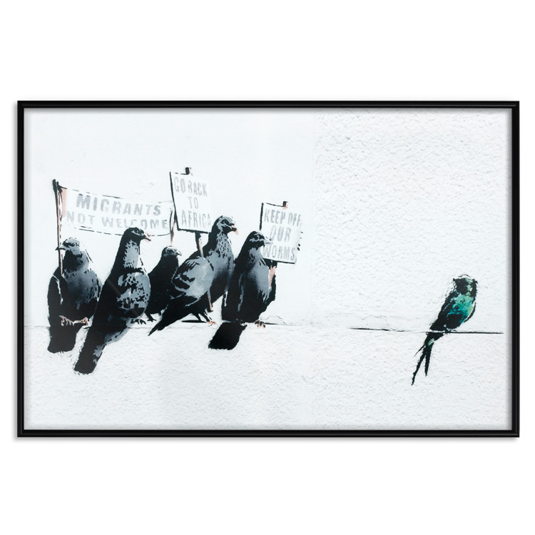Poster Xenophobic Pigeons - black birds holding signs with slogans 132453 additionalImage 18