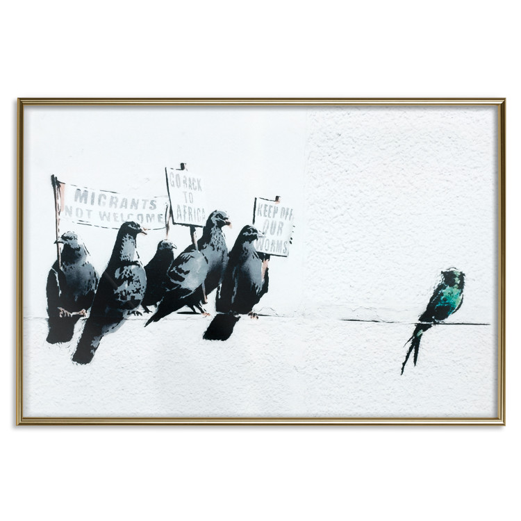Poster Xenophobic Pigeons - black birds holding signs with slogans 132453 additionalImage 16