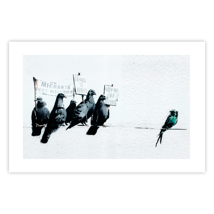 Poster Xenophobic Pigeons - black birds holding signs with slogans 132453 additionalImage 19