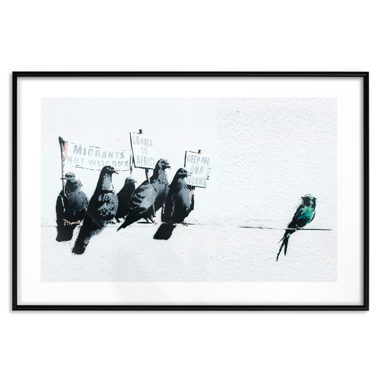 Poster Xenophobic Pigeons - black birds holding signs with slogans 132453 additionalImage 15