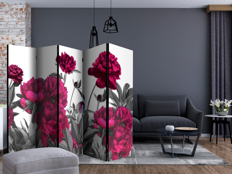 Room Separator Luxuriant meadow II (5-piece) - intensely pink flowers on a gray meadow 132653 additionalImage 4