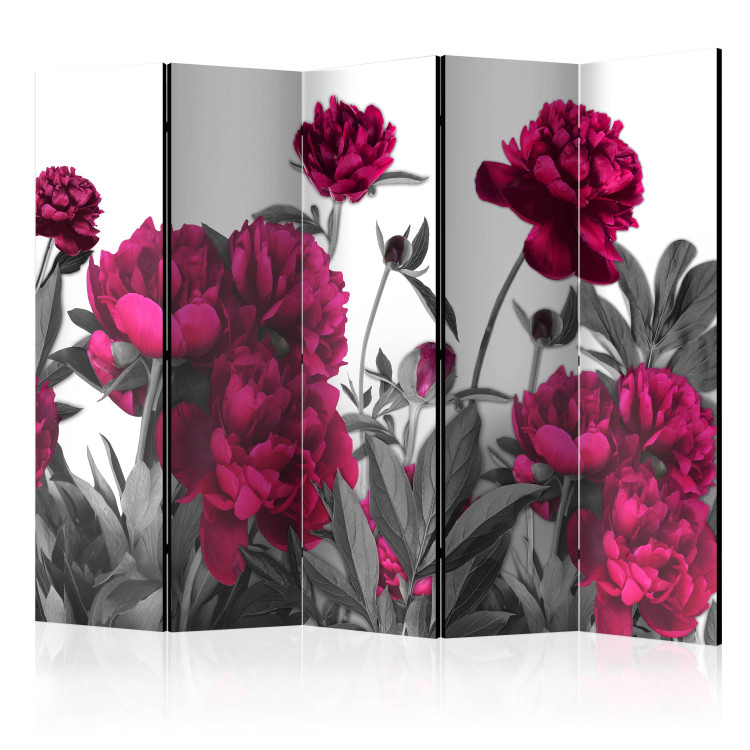 Room Separator Luxuriant meadow II (5-piece) - intensely pink flowers on a gray meadow 132653
