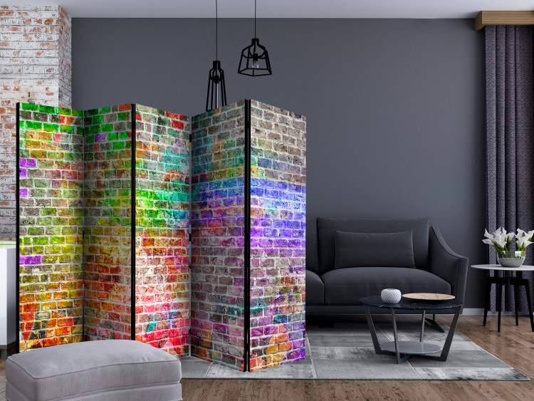Folding Screen Rainbow Wall II (5-piece) - colorful composition with a brick motif 132753 additionalImage 4