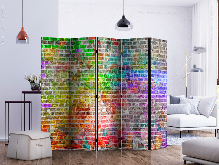 Folding Screen Rainbow Wall II (5-piece) - colorful composition with a brick motif 132753 additionalImage 2