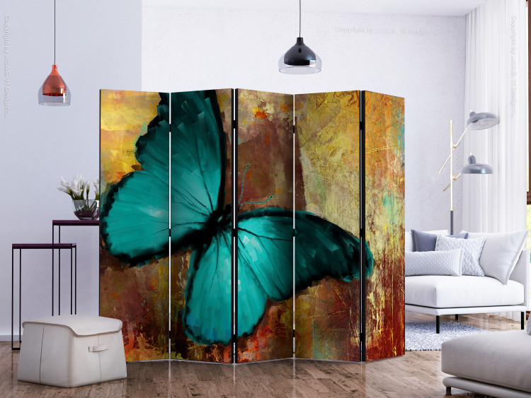 Room Separator Painted Butterfly II (5-piece) - abstraction with a turquoise butterfly 133353 additionalImage 2