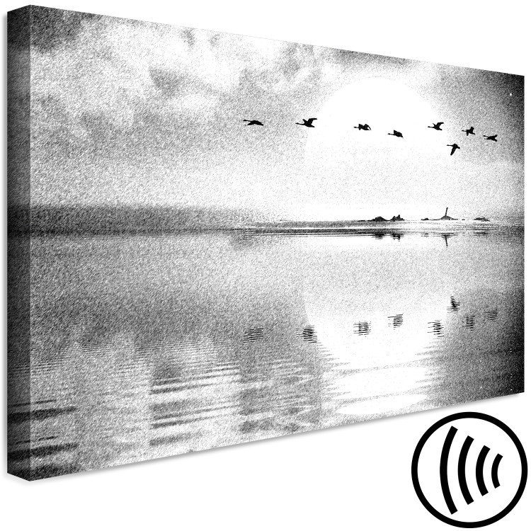 Canvas Print Flight of Birds over the Lake (1-piece) Wide - black and white landscape 143353 additionalImage 6