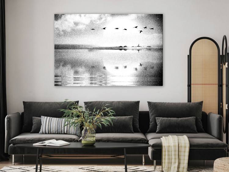 Canvas Print Flight of Birds over the Lake (1-piece) Wide - black and white landscape 143353 additionalImage 3