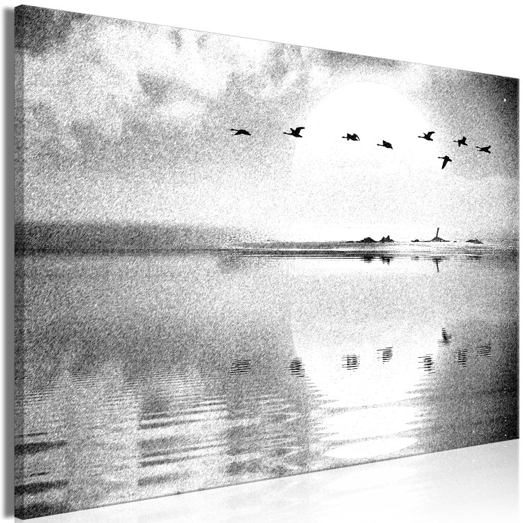 Canvas Print Flight of Birds over the Lake (1-piece) Wide - black and white landscape 143353 additionalImage 2