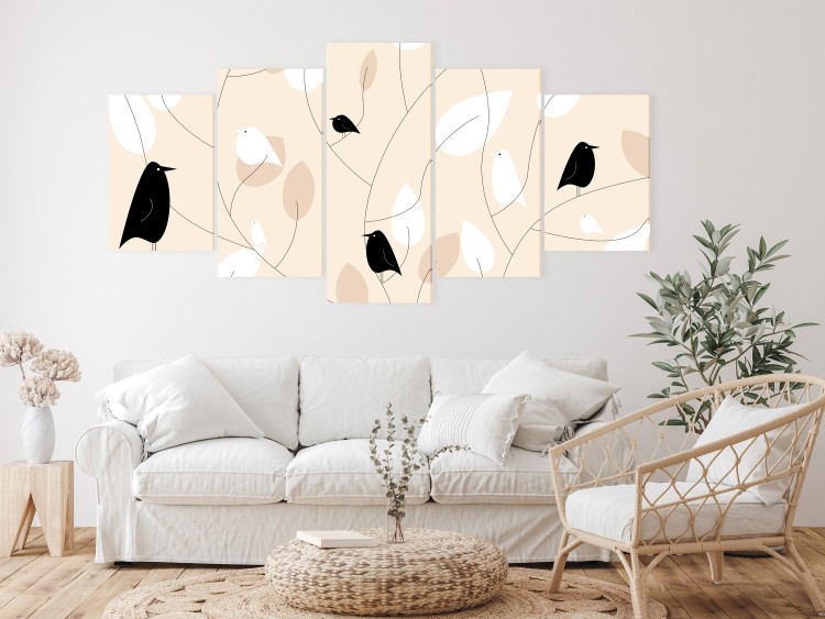 Canvas Chirping Birds (5-piece) Wide - beige composition in leaves 143753 additionalImage 3