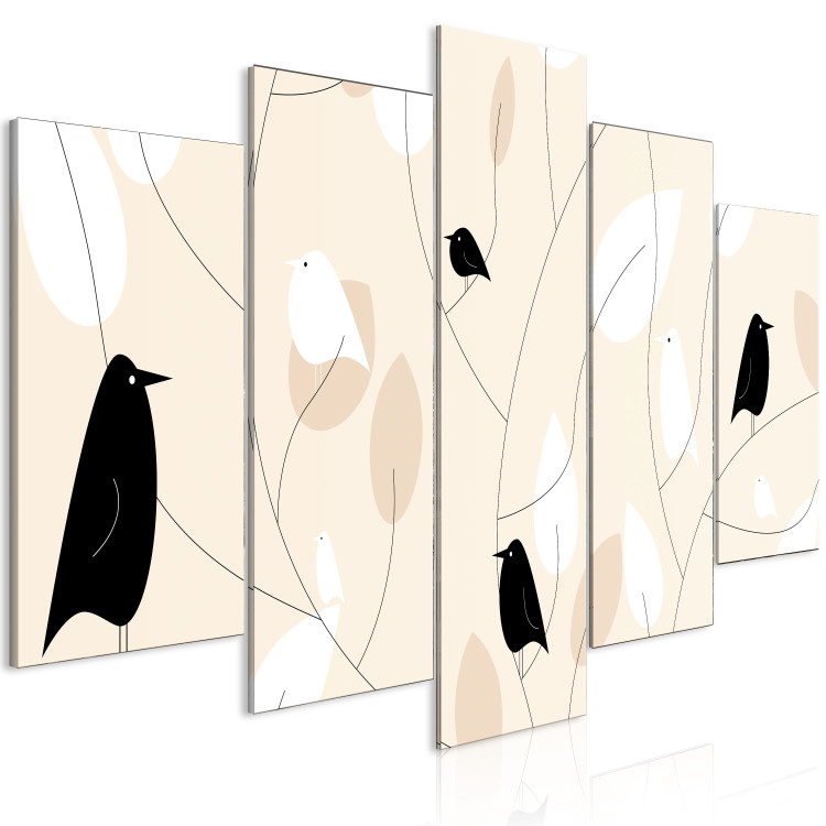 Canvas Chirping Birds (5-piece) Wide - beige composition in leaves 143753 additionalImage 2