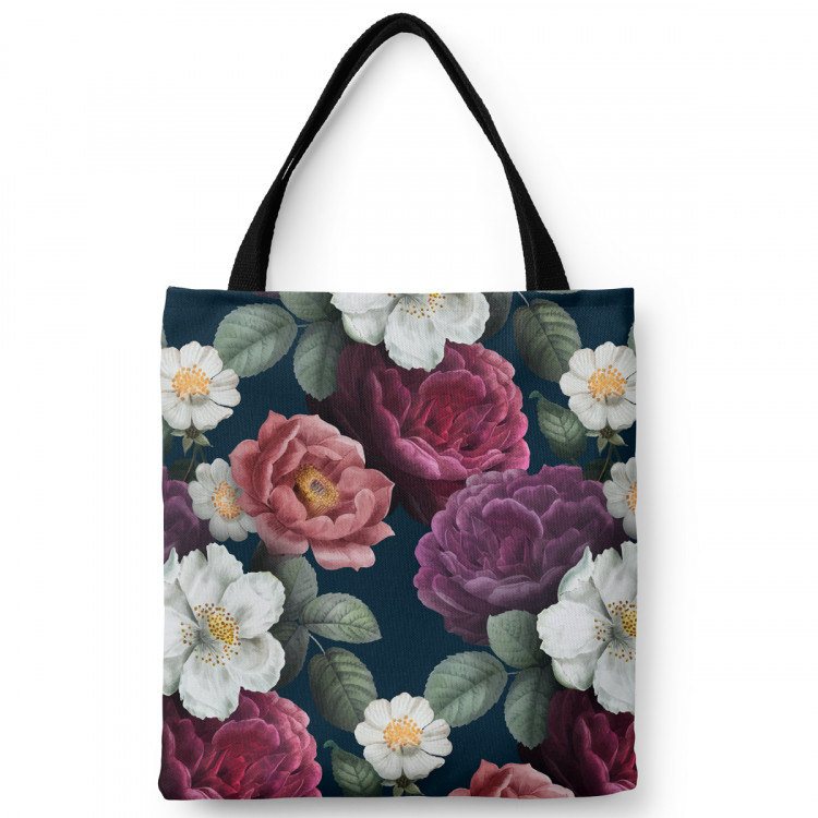 Shopping Bag Peonies in bloom - floral, vintage style print, dark green background 147553
