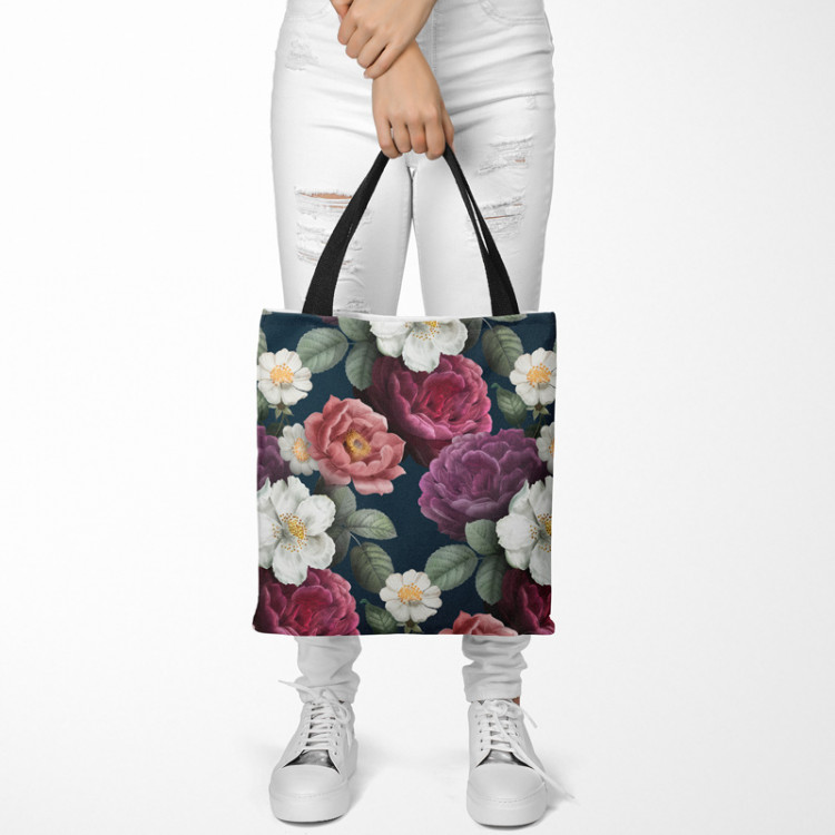 Shopping Bag Peonies in bloom - floral, vintage style print, dark green background 147553 additionalImage 2