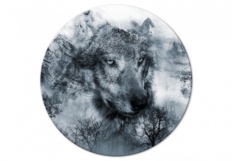 Round Canvas Predator From the Mountains - Wolf Against the Background of a Winter Forest and Snowy Peaks 148653