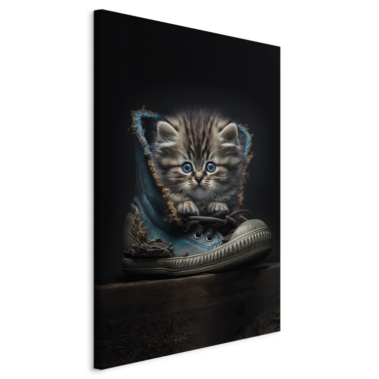 Canvas Art Print AI Maine Coon Cat - Tiny Blue-Eyed Animal in a Shoe - Vertical 150153 additionalImage 2