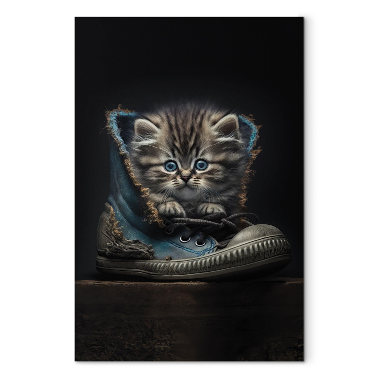 Canvas Art Print AI Maine Coon Cat - Tiny Blue-Eyed Animal in a Shoe - Vertical 150153