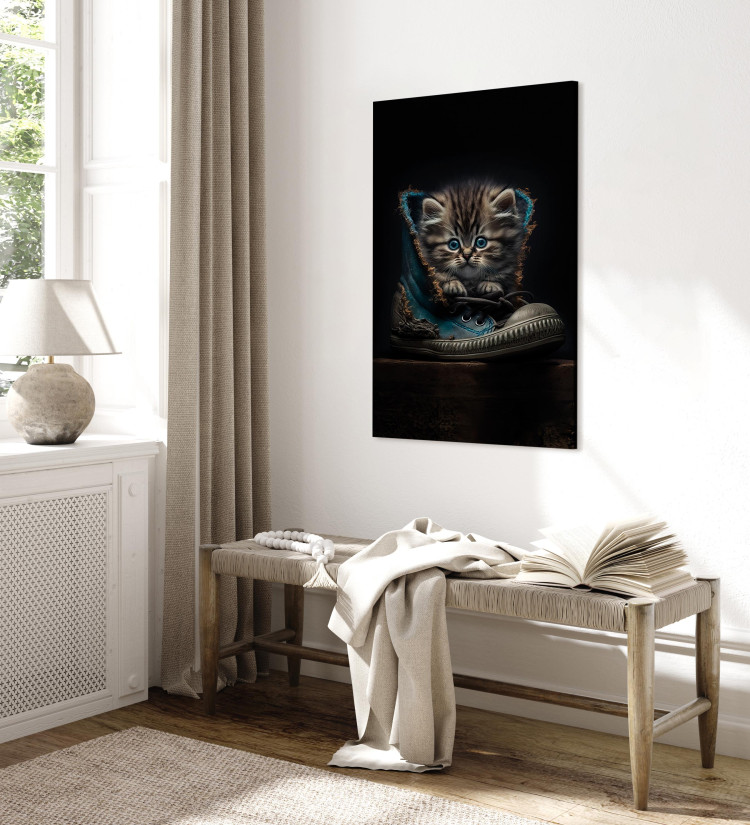 Canvas Art Print AI Maine Coon Cat - Tiny Blue-Eyed Animal in a Shoe - Vertical 150153 additionalImage 10