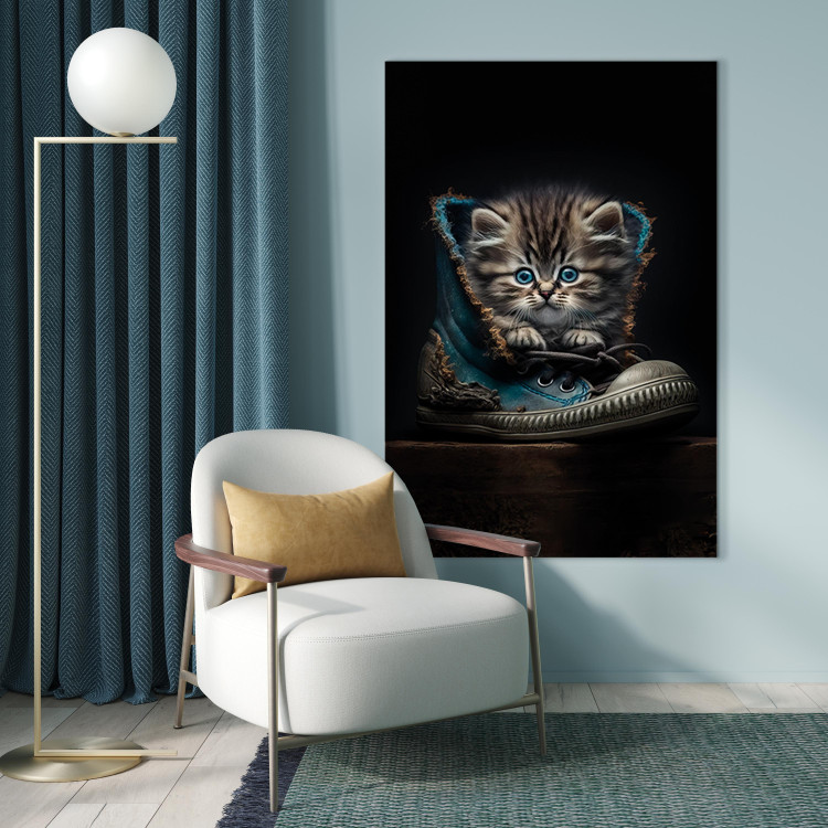 Canvas Art Print AI Maine Coon Cat - Tiny Blue-Eyed Animal in a Shoe - Vertical 150153 additionalImage 3