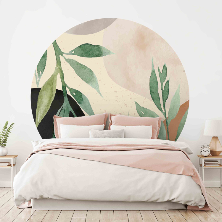 Round wallpaper Leaves in Watercolor - Plants on an Abstract Background in Shades of Brown 151453