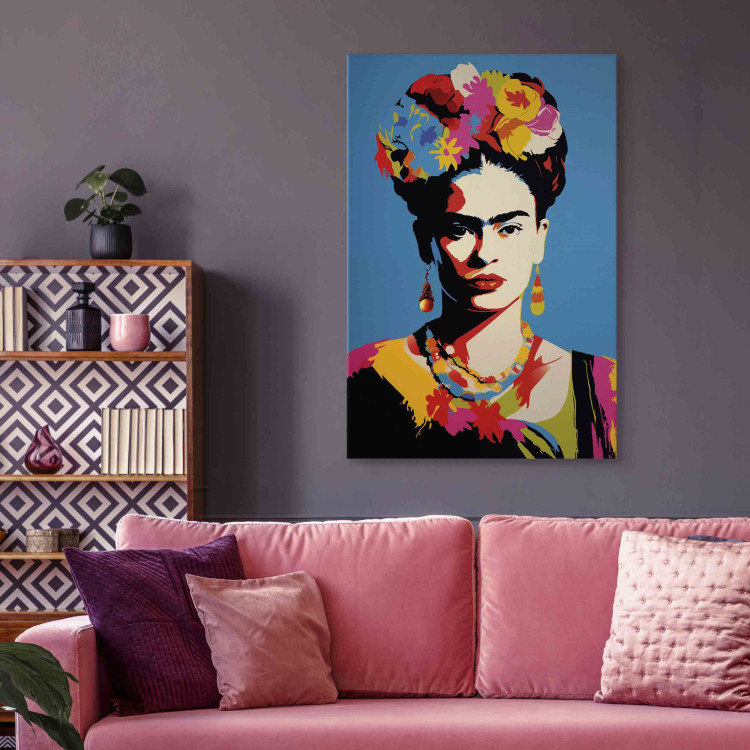 Canvas Art Print Frida Kahlo - Portrait of a Woman in Pop-Art Style on a Blue Background 152253 additionalImage 9