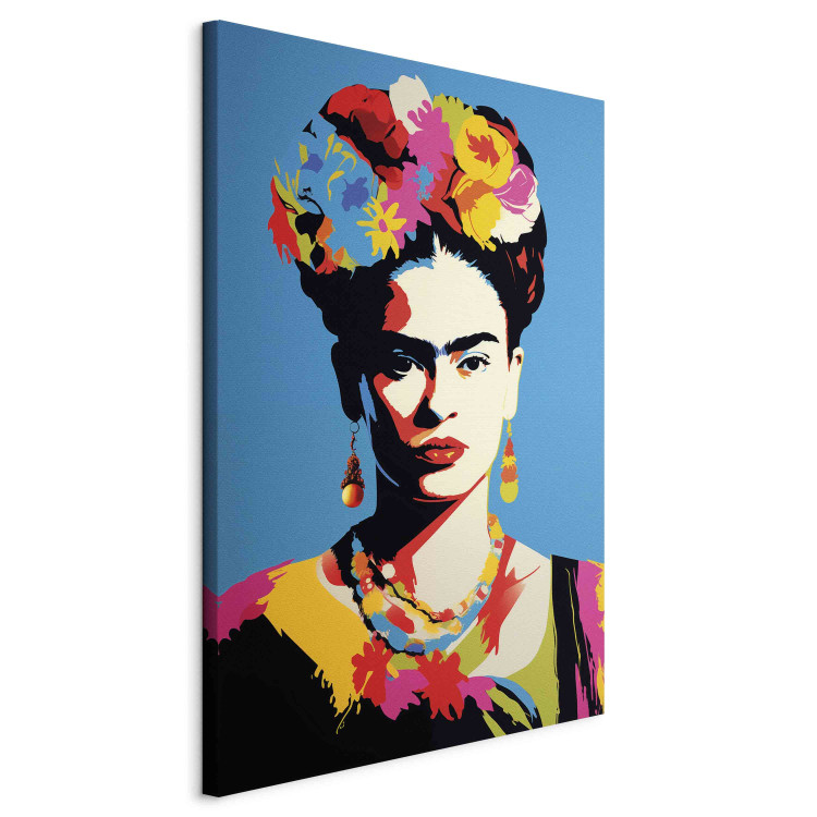 Canvas Art Print Frida Kahlo - Portrait of a Woman in Pop-Art Style on a Blue Background 152253 additionalImage 2