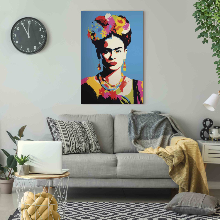 Canvas Art Print Frida Kahlo - Portrait of a Woman in Pop-Art Style on a Blue Background 152253 additionalImage 5