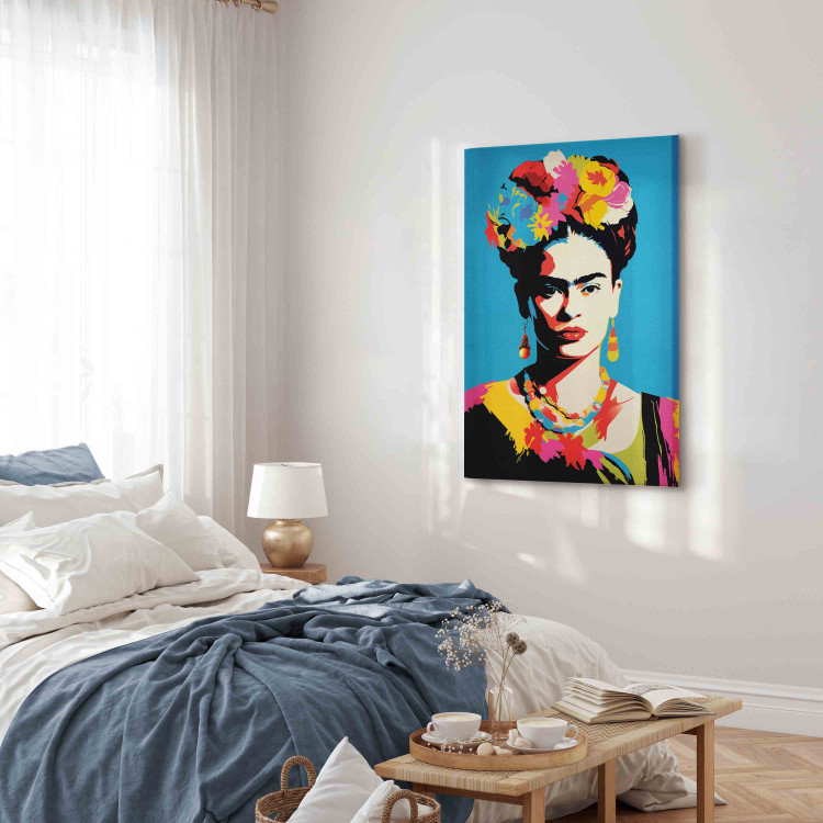Canvas Art Print Frida Kahlo - Portrait of a Woman in Pop-Art Style on a Blue Background 152253 additionalImage 10