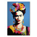 Canvas Art Print Frida Kahlo - Portrait of a Woman in Pop-Art Style on a Blue Background 152253