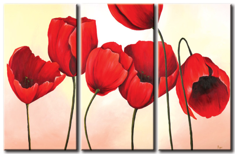 Canvas Art Print Red Flowers (3-piece) - Composition of tulips on a pastel background 48653