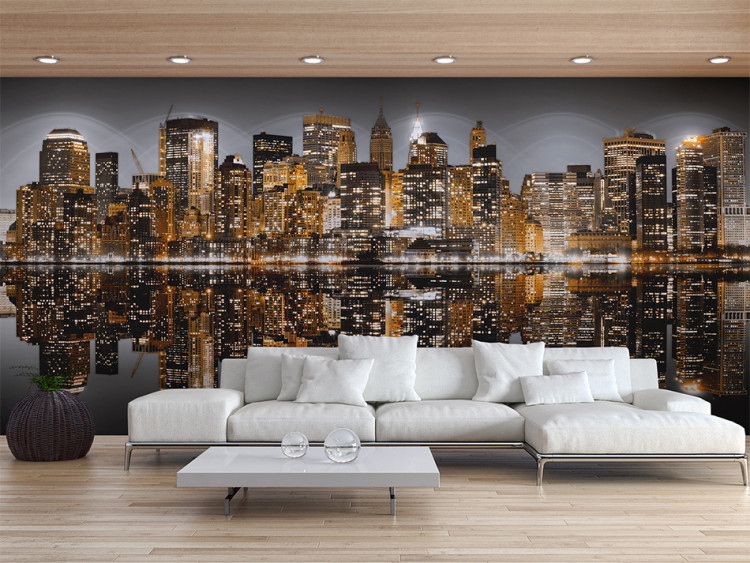 Photo Wallpaper Golden New York - Architecture with a Glamour Effect in a Water Reflection 61553