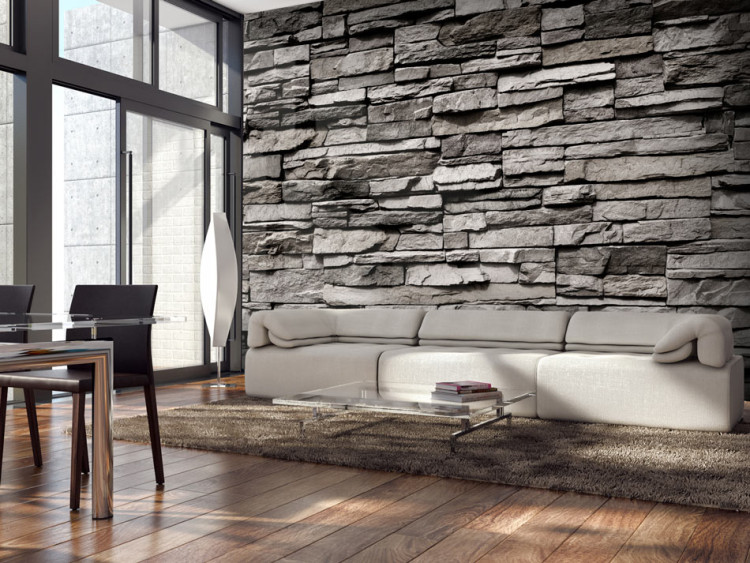 Photo Wallpaper Granite bastion - textured background of stone blocks in grey 88753
