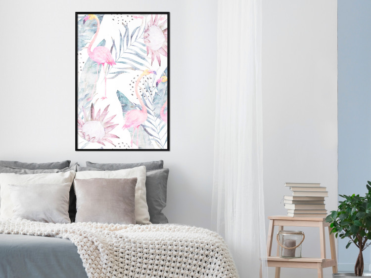 Poster Exotic Mist - tropical abstraction with pink flamingos among leaves 118263 additionalImage 5