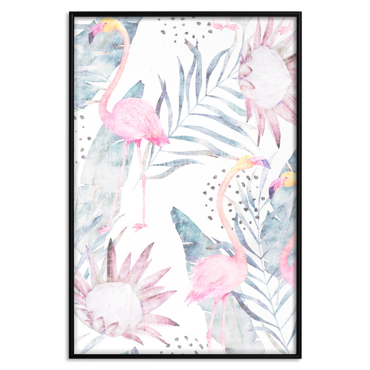 Poster Exotic Mist - tropical abstraction with pink flamingos among leaves 118263 additionalImage 24