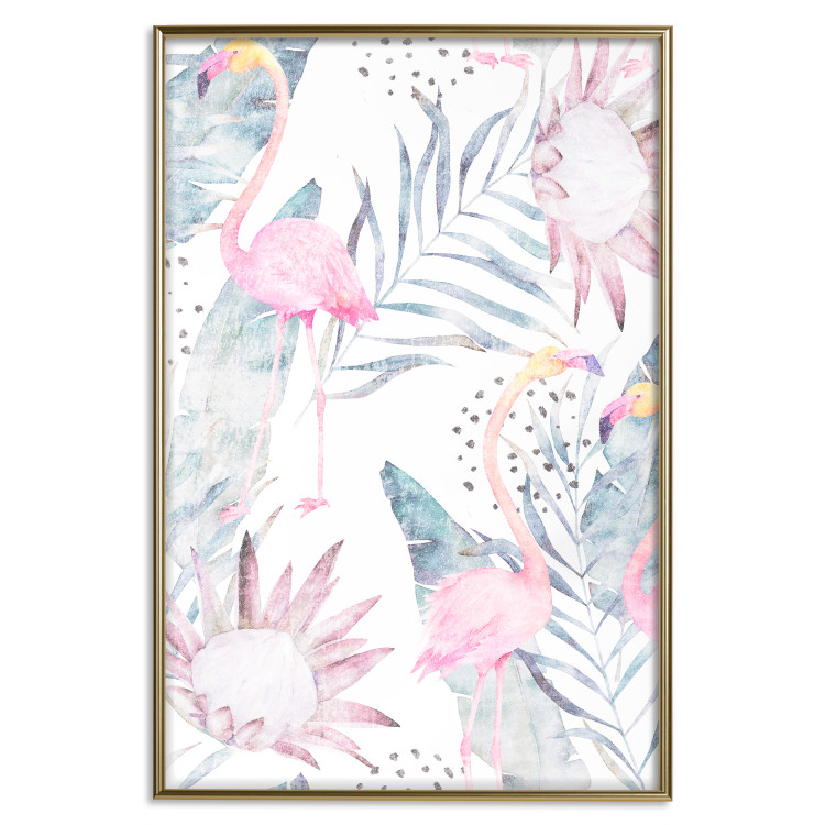 Poster Exotic Mist - tropical abstraction with pink flamingos among leaves 118263 additionalImage 16