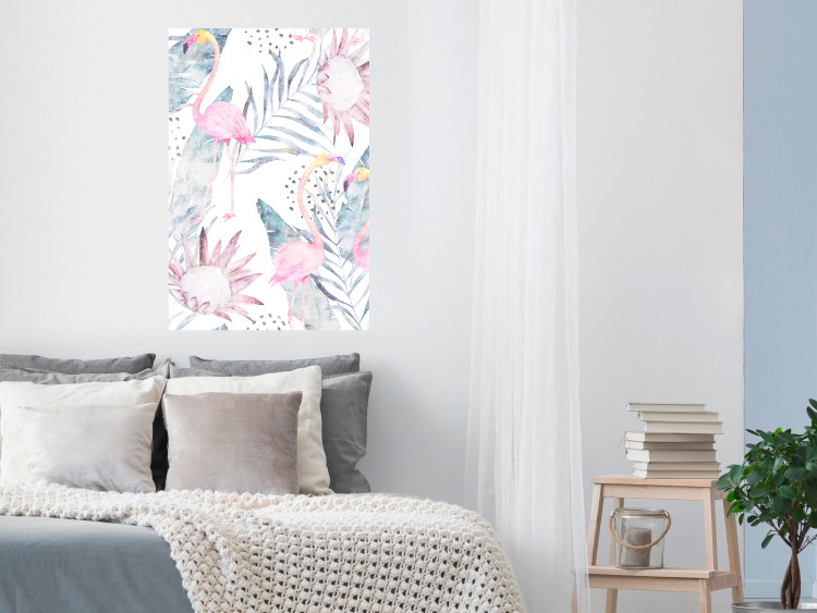 Poster Exotic Mist - tropical abstraction with pink flamingos among leaves 118263 additionalImage 23