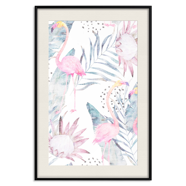 Poster Exotic Mist - tropical abstraction with pink flamingos among leaves 118263 additionalImage 18
