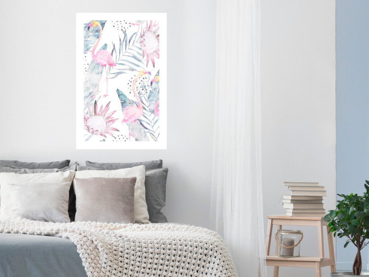 Poster Exotic Mist - tropical abstraction with pink flamingos among leaves 118263 additionalImage 2