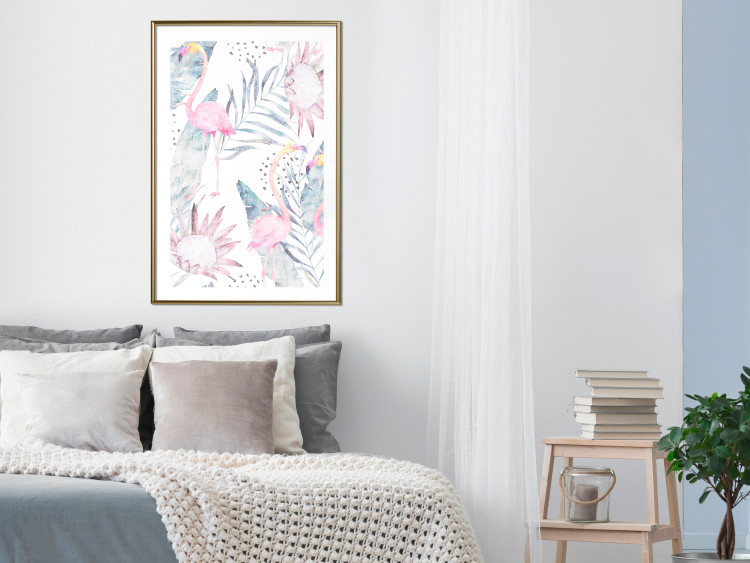 Poster Exotic Mist - tropical abstraction with pink flamingos among leaves 118263 additionalImage 15