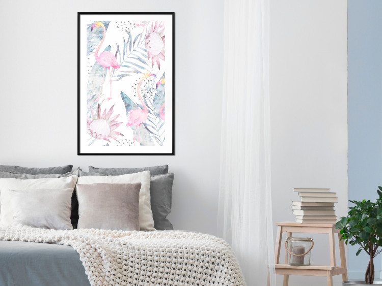 Poster Exotic Mist - tropical abstraction with pink flamingos among leaves 118263 additionalImage 4