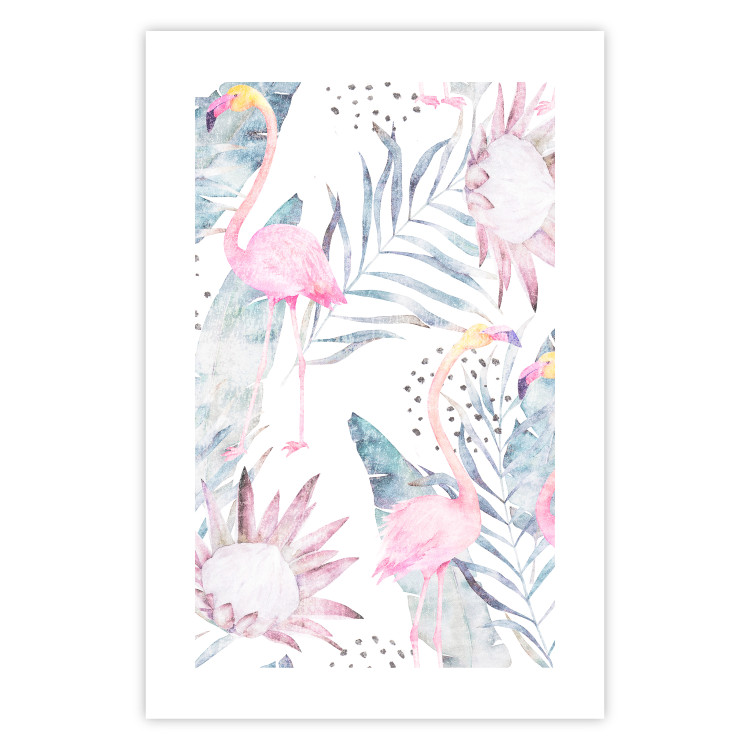 Poster Exotic Mist - tropical abstraction with pink flamingos among leaves 118263 additionalImage 25